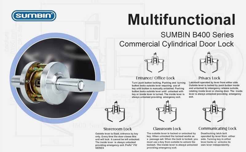 SUMBIN Ansi Grade 2 Commercial Heavy Duty Storeroom Door Lever Lockset, UL 3 Hour Fire Rated ADA, Satin Chrome Finish 2PCS - Image 4